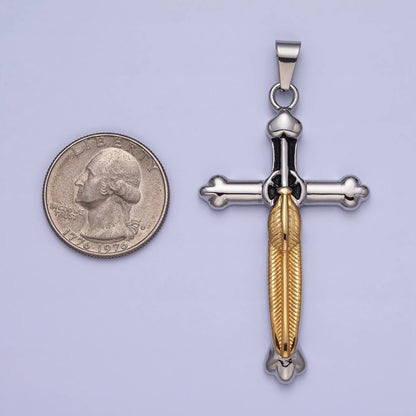 Stainless Steel Budded Buttony Feather 66mm Cross in Mixed Metal &amp; Gold