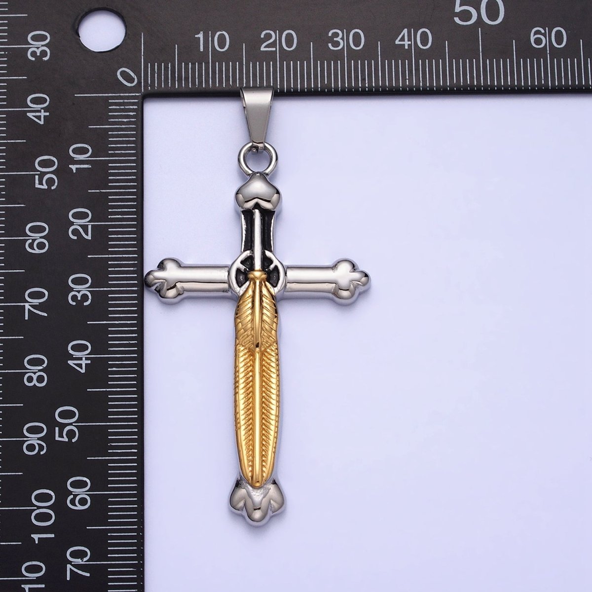 Stainless Steel Budded Buttony Feather 66mm Cross in Mixed Metal &amp; Gold