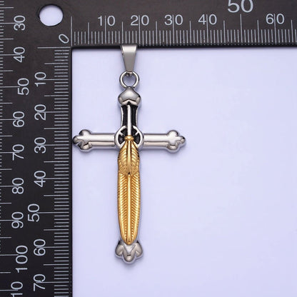 Stainless Steel Budded Buttony Feather 66mm Cross in Mixed Metal &amp; Gold