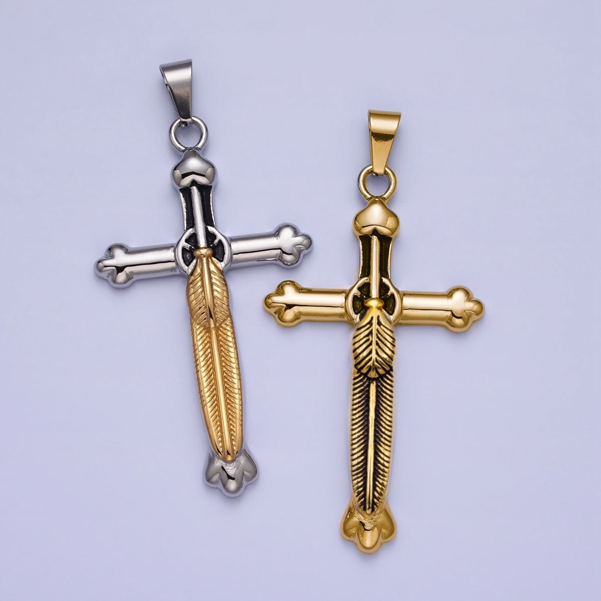 Stainless Steel Budded Buttony Feather 66mm Cross in Mixed Metal &amp; Gold
