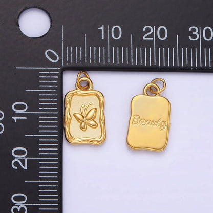 Stainless Steel Butterfly "Beauty" Script Rectangular Stamped Charm | P964