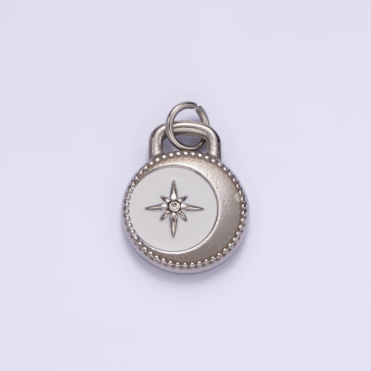 Stainless Steel Celestial Crescent Moon Star CZ White Enamel Round Charm in Gold &amp; Silver | P1260