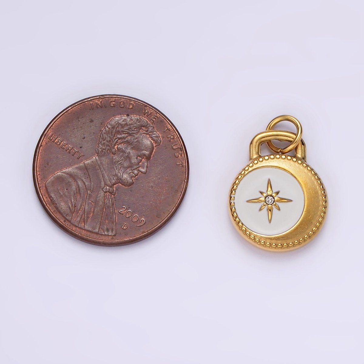 Stainless Steel Celestial Crescent Moon Star CZ White Enamel Round Charm in Gold &amp; Silver | P1260