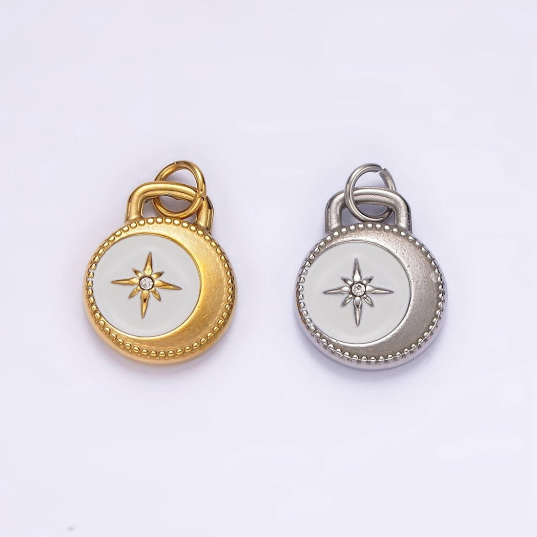 Stainless Steel Celestial Crescent Moon Star CZ White Enamel Round Charm in Gold &amp; Silver | P1260