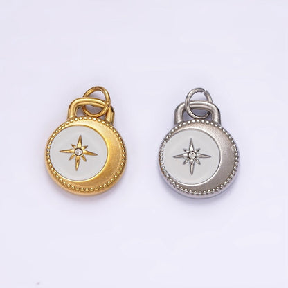 Stainless Steel Celestial Crescent Moon Star CZ White Enamel Round Charm in Gold &amp; Silver | P1260