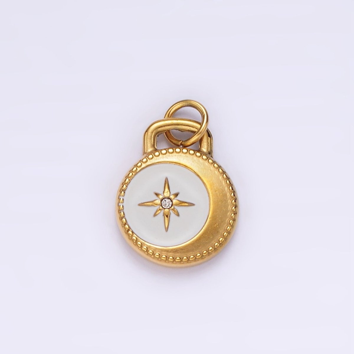 Stainless Steel Celestial Crescent Moon Star CZ White Enamel Round Charm in Gold &amp; Silver | P1260