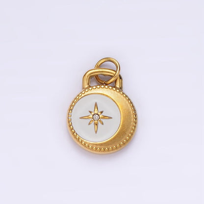 Stainless Steel Celestial Crescent Moon Star CZ White Enamel Round Charm in Gold &amp; Silver | P1260