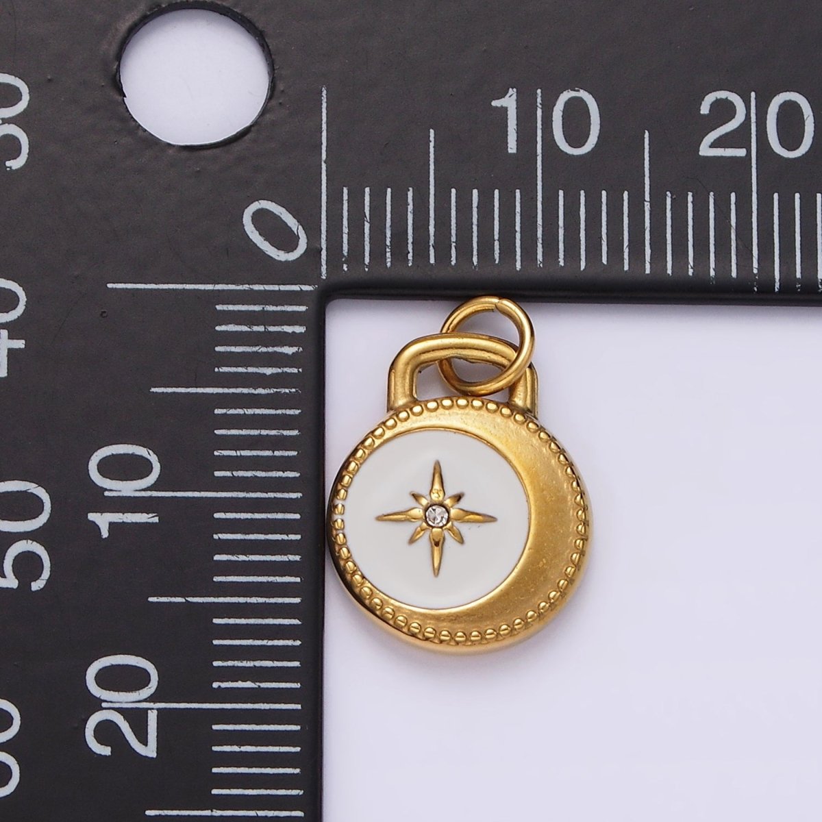 Stainless Steel Celestial Crescent Moon Star CZ White Enamel Round Charm in Gold &amp; Silver | P1260