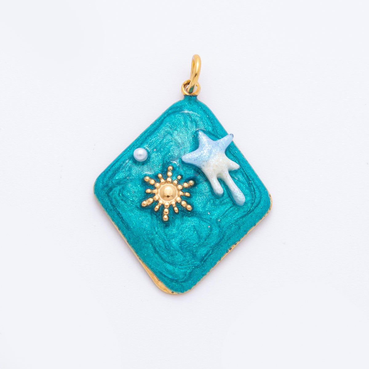Stainless Steel Celestial Shooting Star Sun Blue Enamel Rhombus Charm | J454