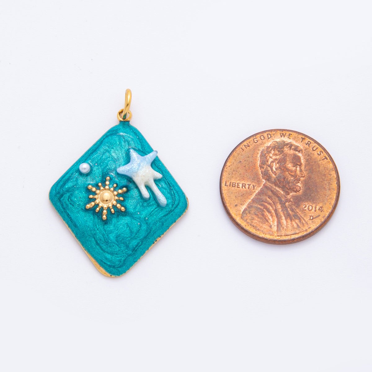 Stainless Steel Celestial Shooting Star Sun Blue Enamel Rhombus Charm | J454