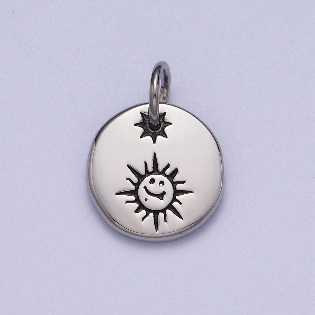 Stainless Steel Celestial Smiley Face Sunshine Star Round Charm  P-615