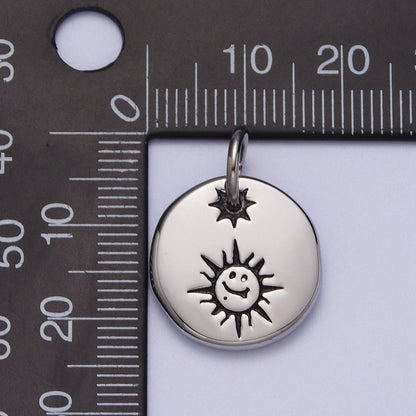 Stainless Steel Celestial Smiley Face Sunshine Star Round Charm  P-615