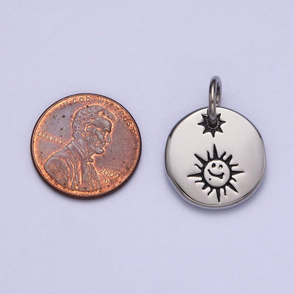 Stainless Steel Celestial Smiley Face Sunshine Star Round Charm  P-615