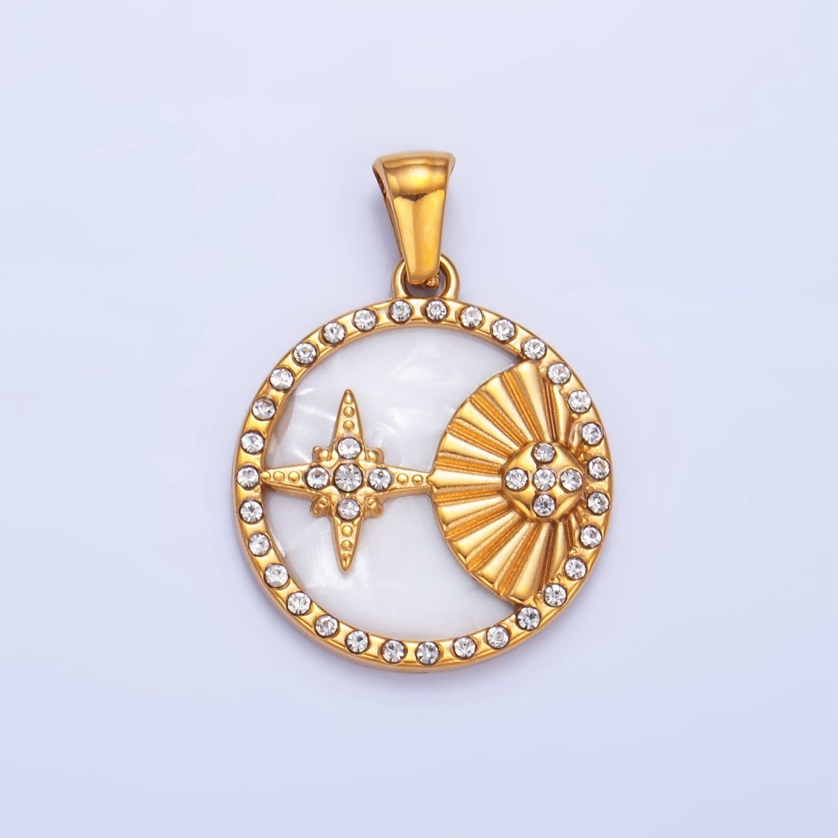 Stainless Steel Celestial Star Sunburst Micro Paved CZ Shell Pearl Pendant | P1541