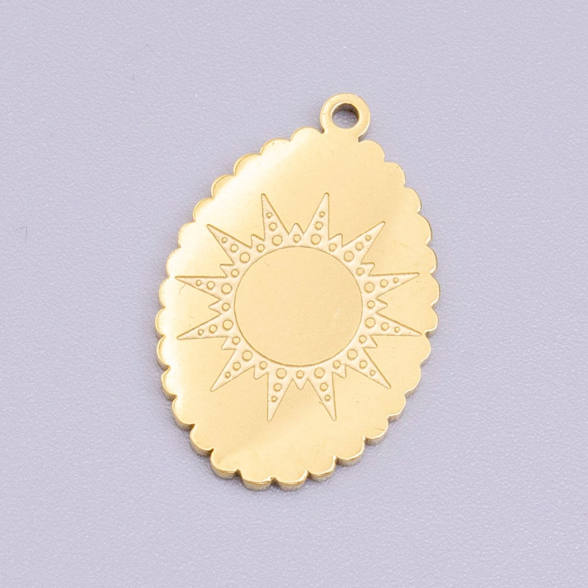 Stainless Steel Celestial Sun Engraved Rounded Oval Charm in Gold &amp; Silver | P-914