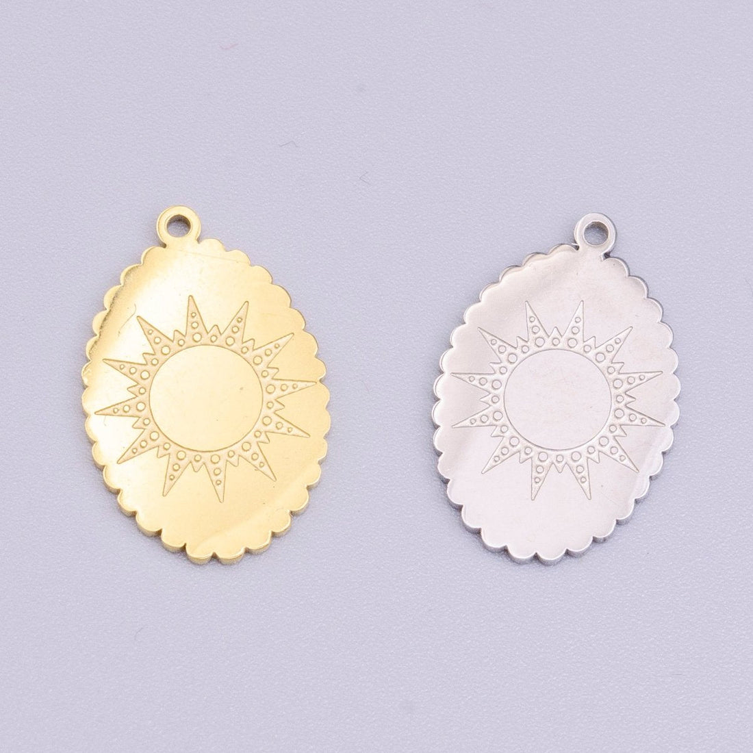 Stainless Steel Celestial Sun Engraved Rounded Oval Charm in Gold &amp; Silver | P-914