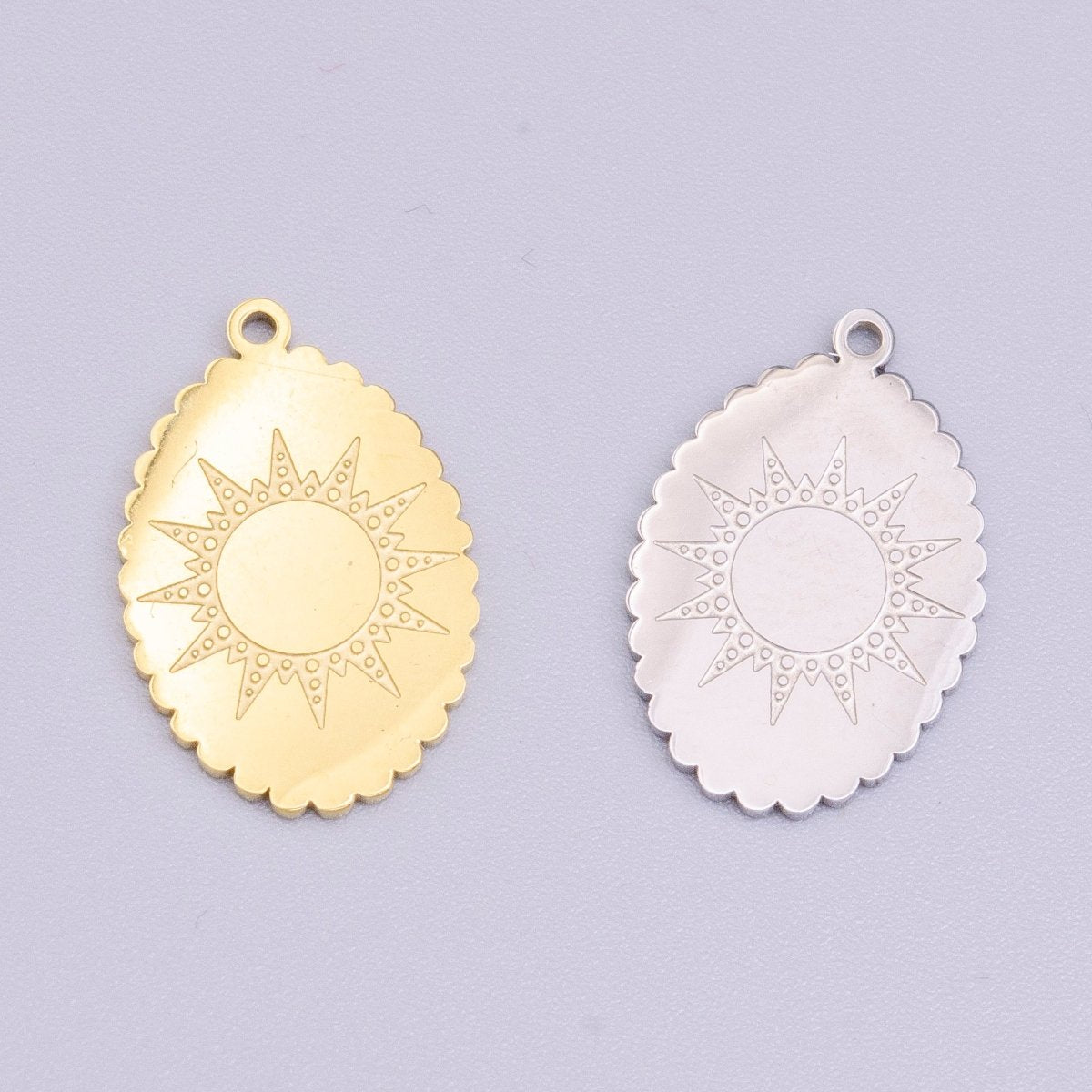 Stainless Steel Celestial Sun Engraved Rounded Oval Charm in Gold &amp; Silver | P-914