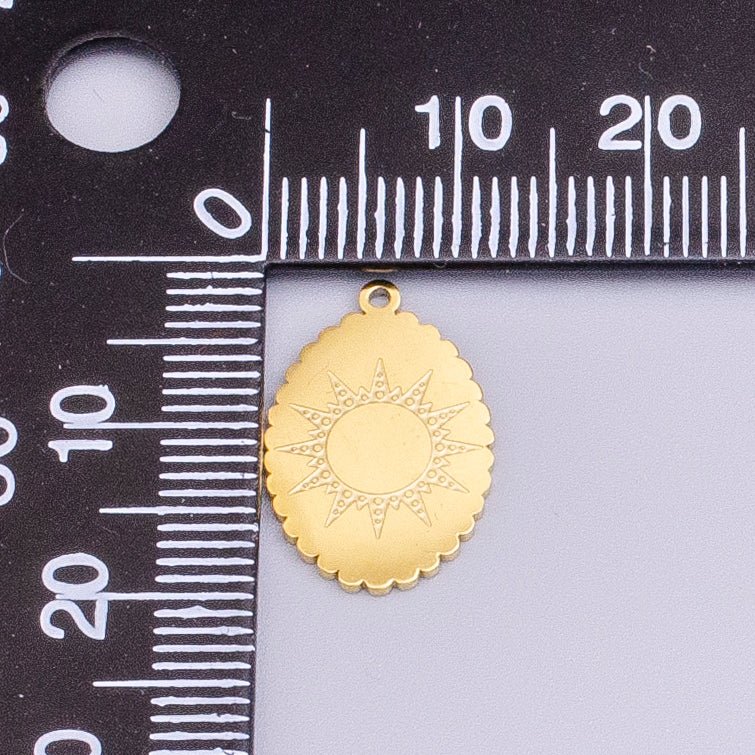 Stainless Steel Celestial Sun Engraved Rounded Oval Charm in Gold &amp; Silver | P-914