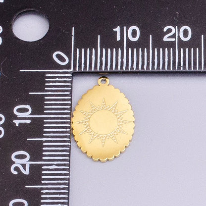Stainless Steel Celestial Sun Engraved Rounded Oval Charm in Gold &amp; Silver | P-914