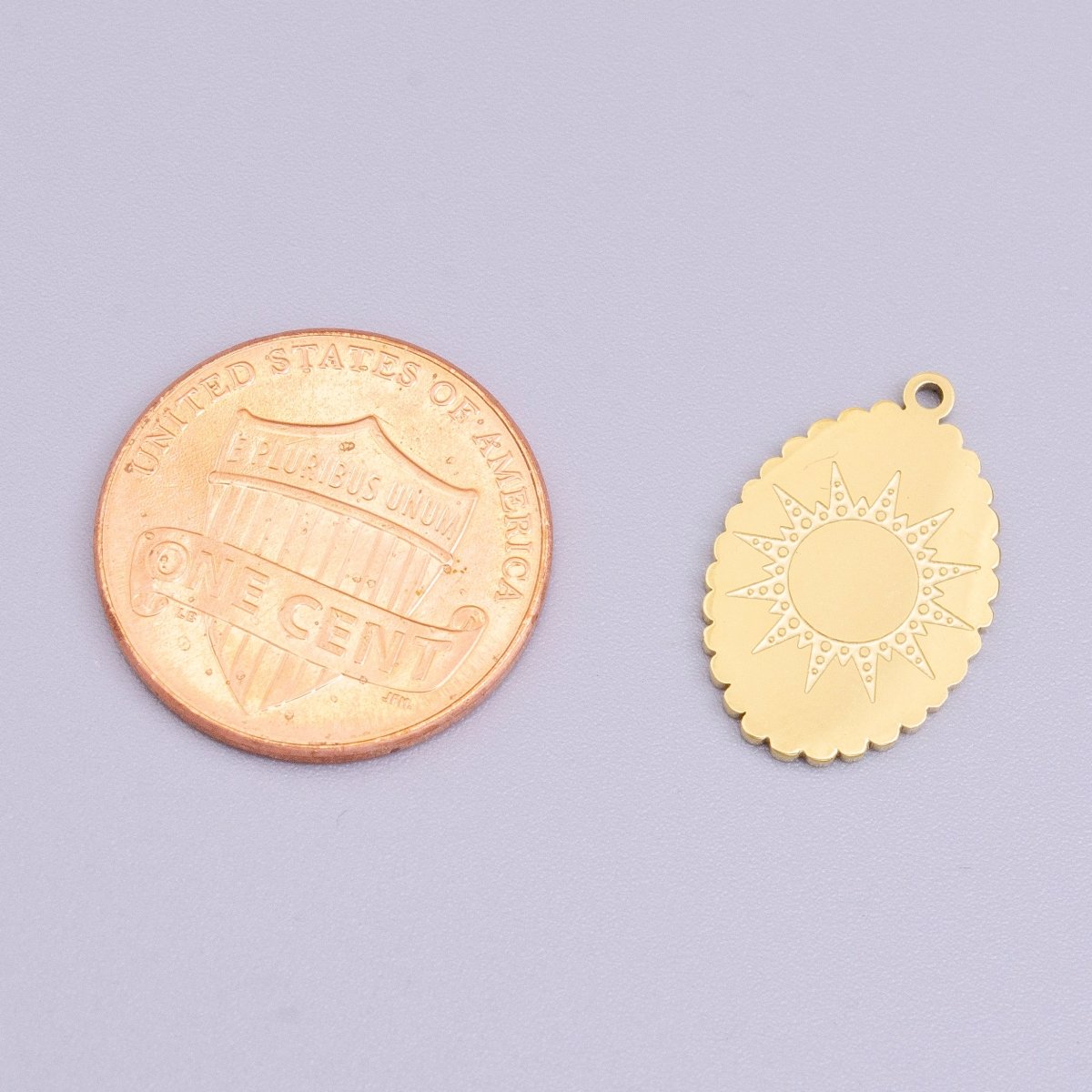 Stainless Steel Celestial Sun Engraved Rounded Oval Charm in Gold &amp; Silver | P-914
