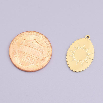 Stainless Steel Celestial Sun Engraved Rounded Oval Charm in Gold &amp; Silver | P-914