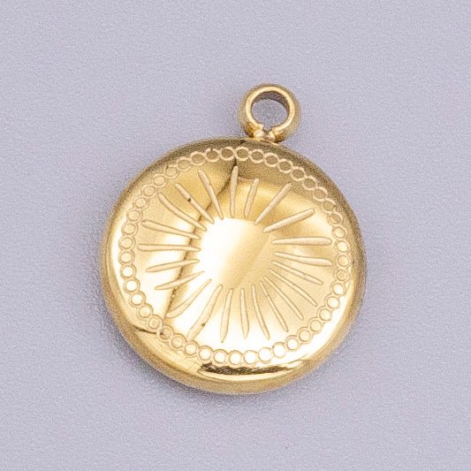 Stainless Steel Celestial Sun Ray Beam Line-Engraved Round Charm in Silver &amp; Gold | P-913