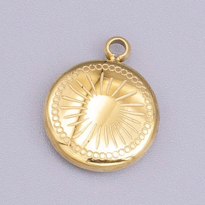 Stainless Steel Celestial Sun Ray Beam Line-Engraved Round Charm in Silver &amp; Gold | P-913