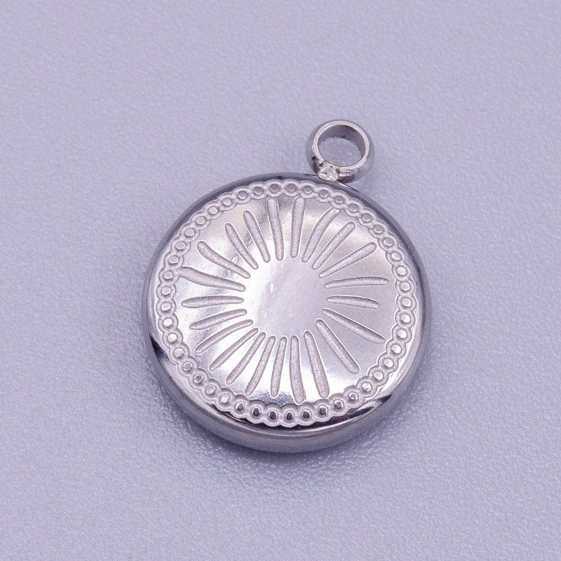 Stainless Steel Celestial Sun Ray Beam Line-Engraved Round Charm in Silver &amp; Gold | P-913