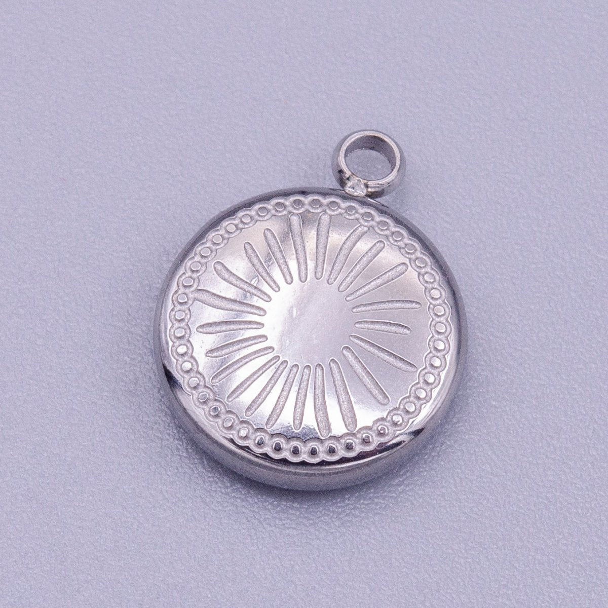 Stainless Steel Celestial Sun Ray Beam Line-Engraved Round Charm in Silver &amp; Gold | P-913