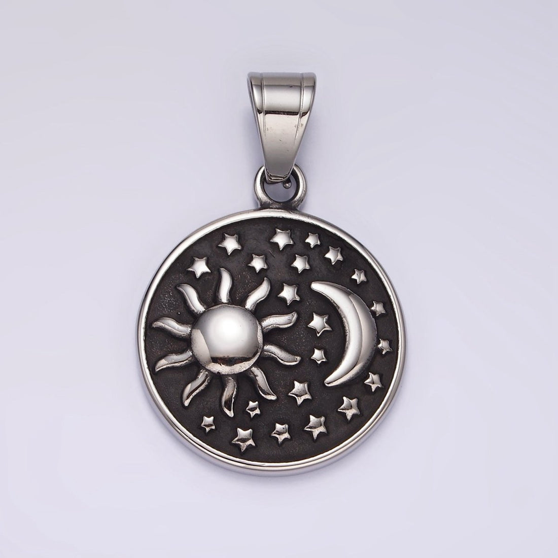 Stainless Steel Celestial Sun Star Crescent Moon Round Oxidized Pendant | P1175