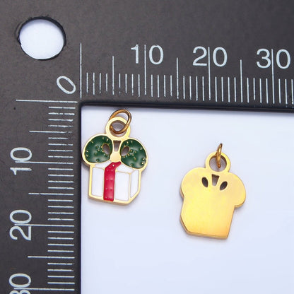 Stainless Steel Christmas Wrapped Present Enamel Holiday Charm | P1375