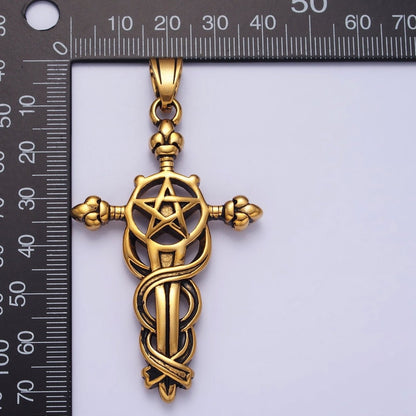 Stainless Steel Circling Medieval Star of David Sword Silver, Gold Pendant | P-1140