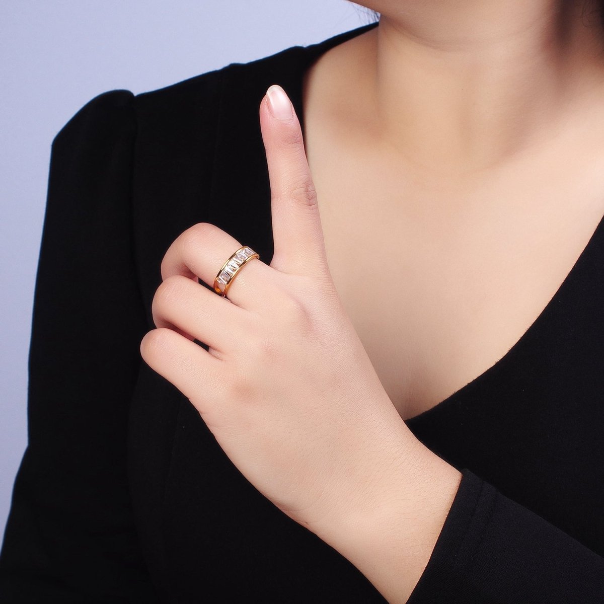 Stainless Steel Clear Baguette Double Band Ring in Gold &amp; Silver | AA-1170~AA-1177
