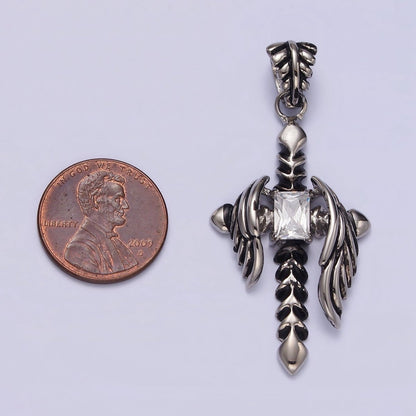 Stainless Steel Clear CZ Baguette Arrow Passion Cross Feather Wings Pendant | P-812