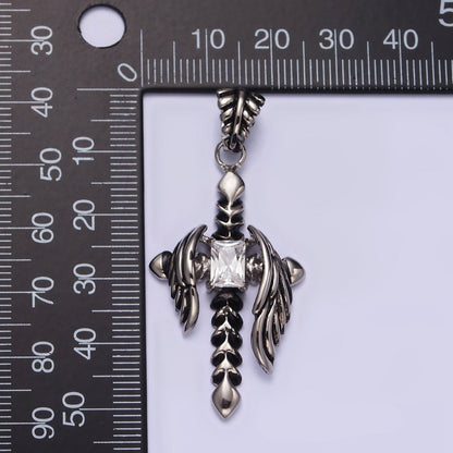 Stainless Steel Clear CZ Baguette Arrow Passion Cross Feather Wings Pendant | P-812