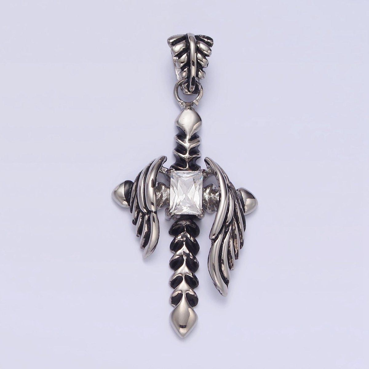 Stainless Steel Clear CZ Baguette Arrow Passion Cross Feather Wings Pendant | P-812