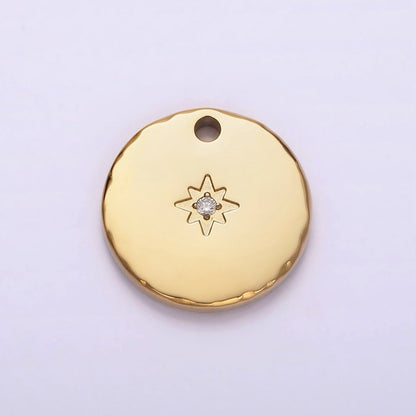Stainless Steel Clear CZ Celestial North Star 15.5mm Round Coin Gold Charm | P1287