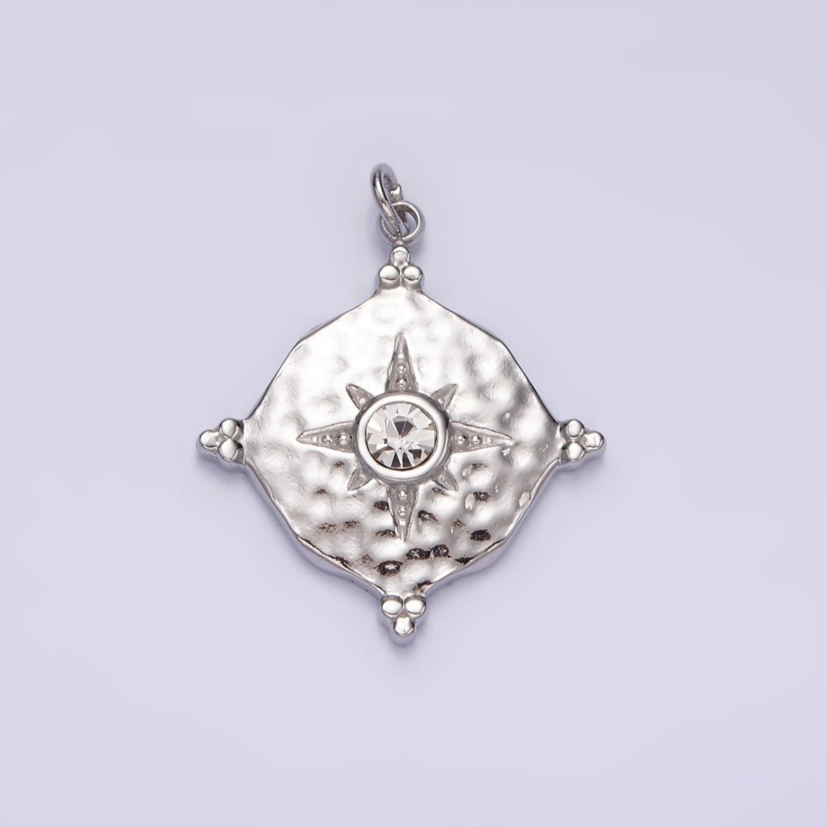 Stainless Steel Clear CZ Celestial North Star Hammered Round Point Charm in Gold &amp; Silver | P1295