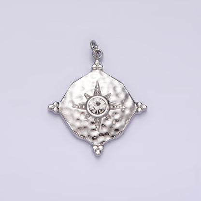 Stainless Steel Clear CZ Celestial North Star Hammered Round Point Charm in Gold &amp; Silver | P1295