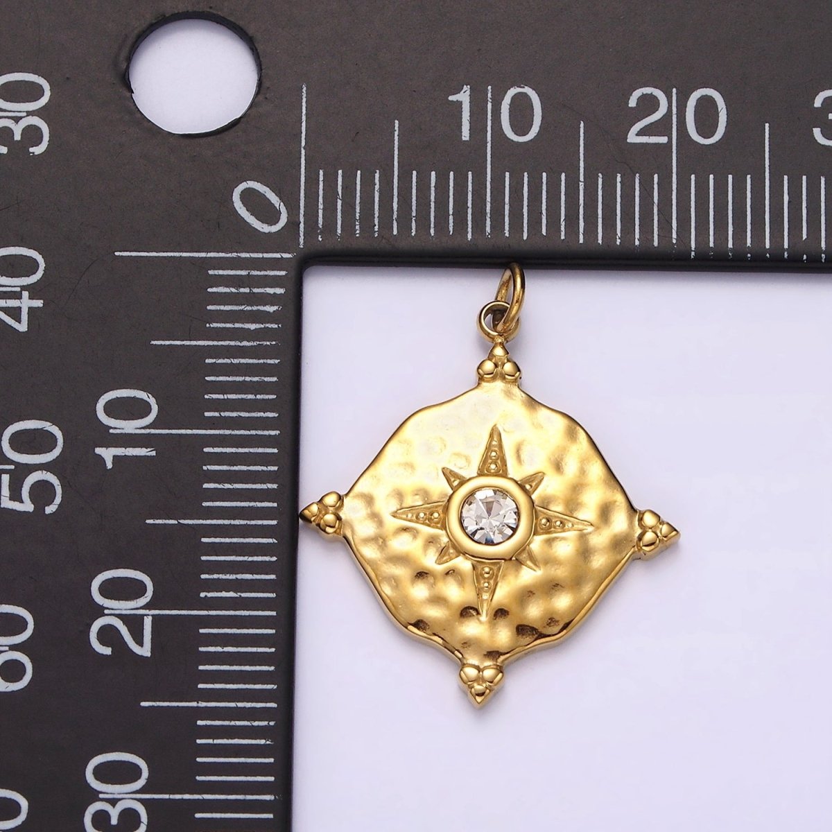 Stainless Steel Clear CZ Celestial North Star Hammered Round Point Charm in Gold &amp; Silver | P1295
