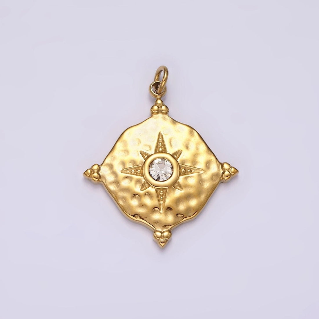 Stainless Steel Clear CZ Celestial North Star Hammered Round Point Charm in Gold &amp; Silver | P1295