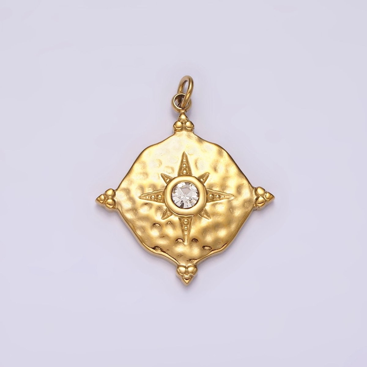 Stainless Steel Clear CZ Celestial North Star Hammered Round Point Charm in Gold &amp; Silver | P1295