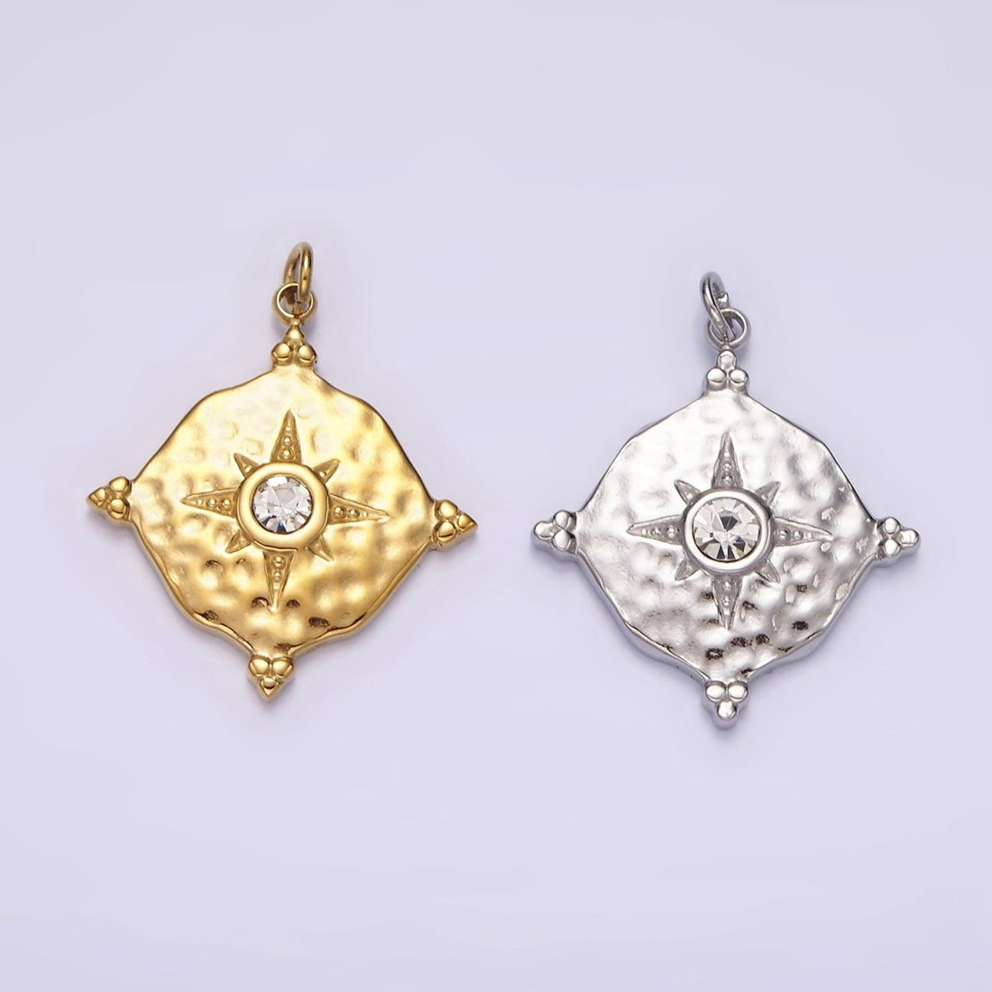 Stainless Steel Clear CZ Celestial North Star Hammered Round Point Charm in Gold &amp; Silver | P1295