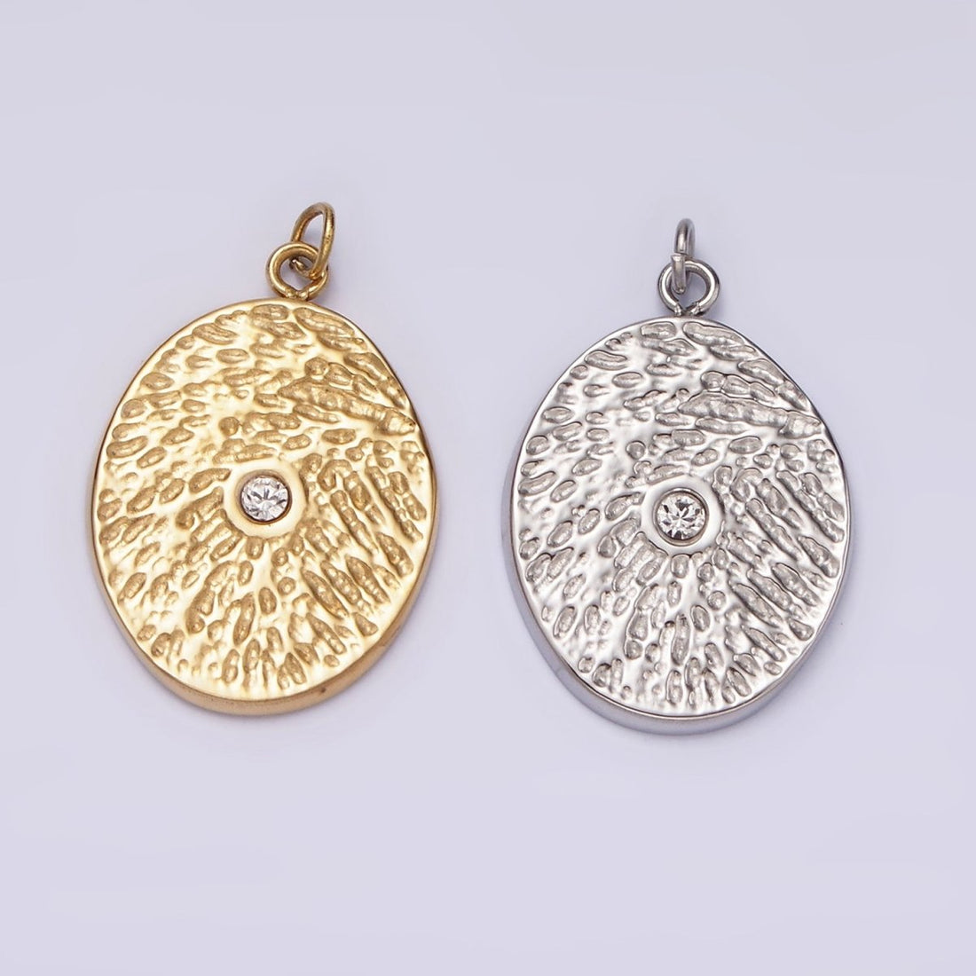 Stainless Steel Clear CZ Dented Oval Charm in Gold &amp; Silver | P1310