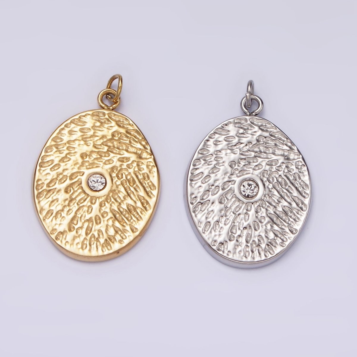 Stainless Steel Clear CZ Dented Oval Charm in Gold &amp; Silver | P1310