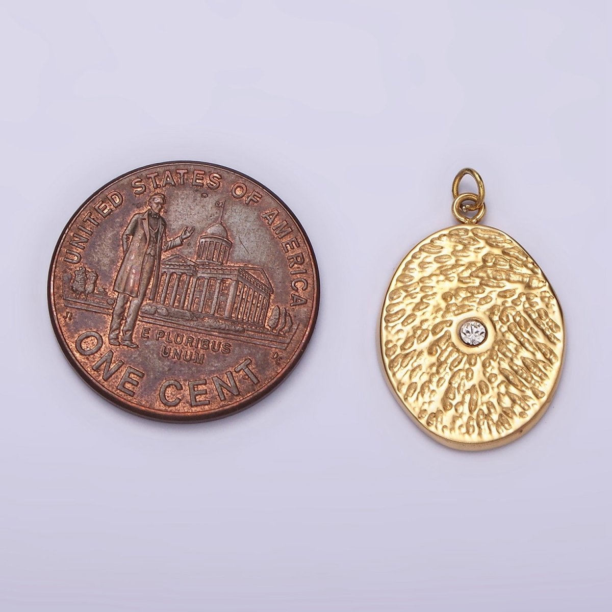 Stainless Steel Clear CZ Dented Oval Charm in Gold &amp; Silver | P1310