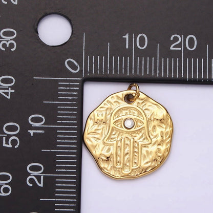 Stainless Steel Clear CZ Evil Eye Hamsa Hand Dented Abstract Round Charm in Gold &amp; Silver | P1288