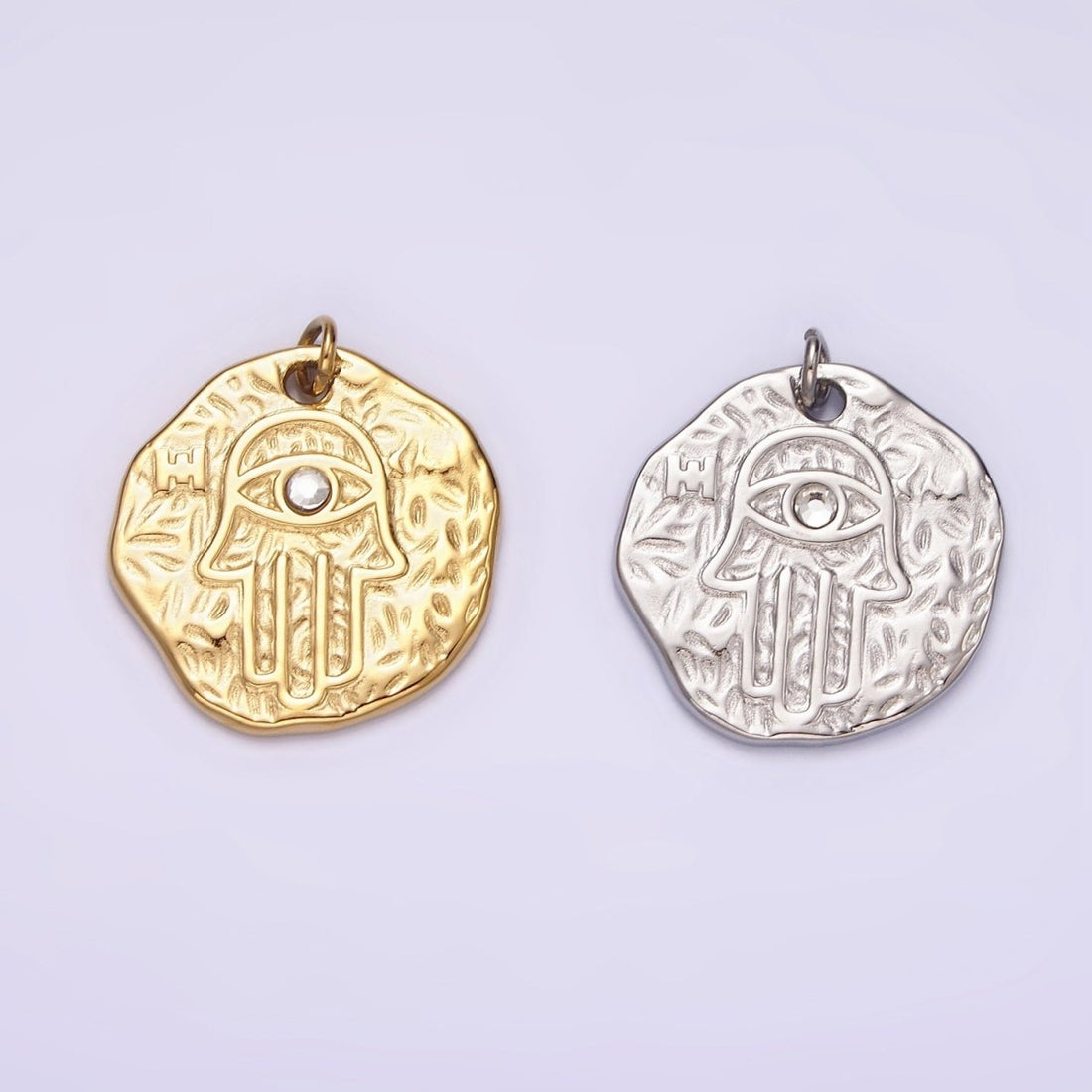 Stainless Steel Clear CZ Evil Eye Hamsa Hand Dented Abstract Round Charm in Gold &amp; Silver | P1288