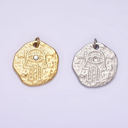 Stainless Steel Clear CZ Evil Eye Hamsa Hand Dented Abstract Round Charm in Gold &amp; Silver | P1288
