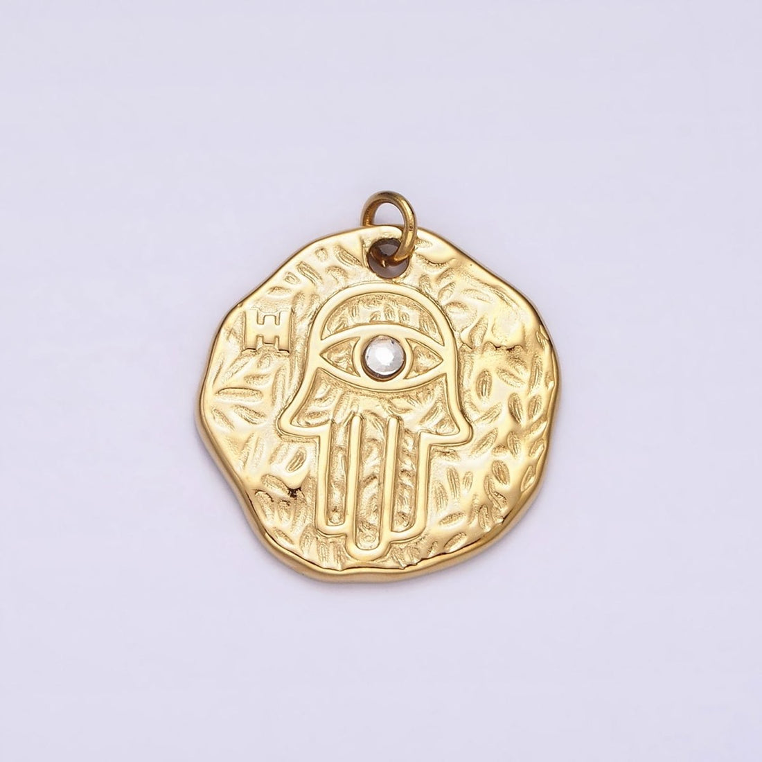 Stainless Steel Clear CZ Evil Eye Hamsa Hand Dented Abstract Round Charm in Gold &amp; Silver | P1288